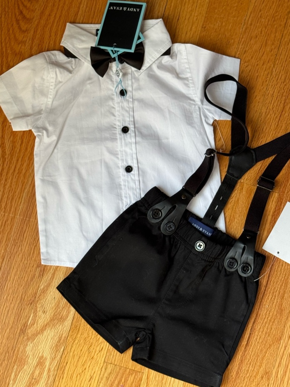 Andy & Evan Infants White Shirt with Black Bow Tie and Black Suspender Shorts